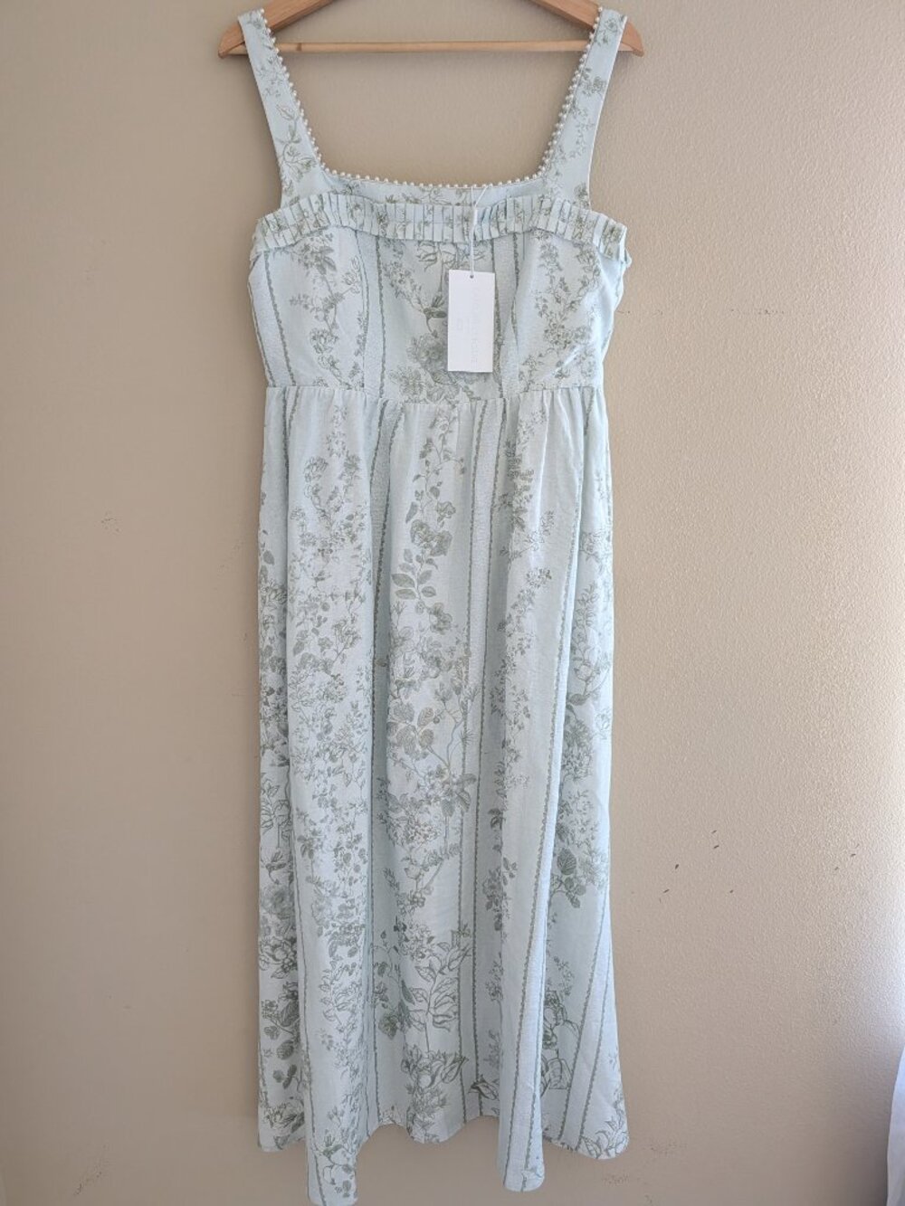 Caroline Constas Sage Green Pearl Neck Trim Floral Linen Maxi Dress Size S NWT - Picture 2 of 13